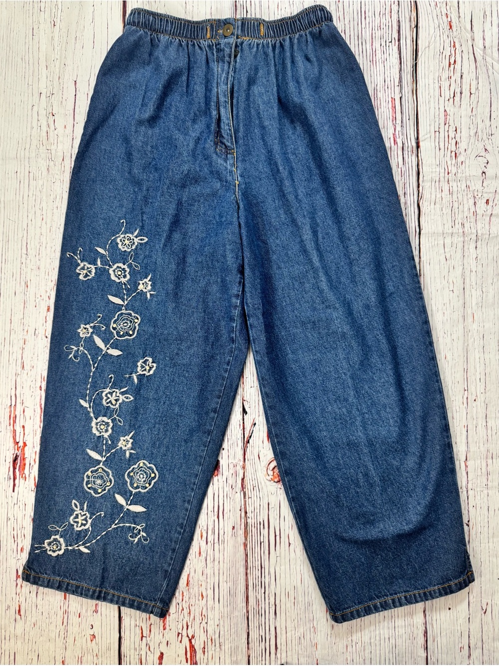 T & Company S Blue Floral Embroidered Elastic Waist Jeans Wide Leg Y2K Cottageco